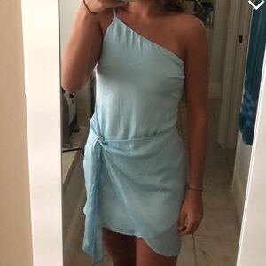 Aqua blue one shoulder wrap dress. So flattering! Never worn!
